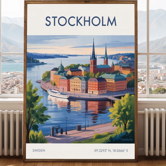 Stockholm Waterfront Poster Scandinavian Cityscape Art Blue And Green Illustration Travel Enthusiast Decor