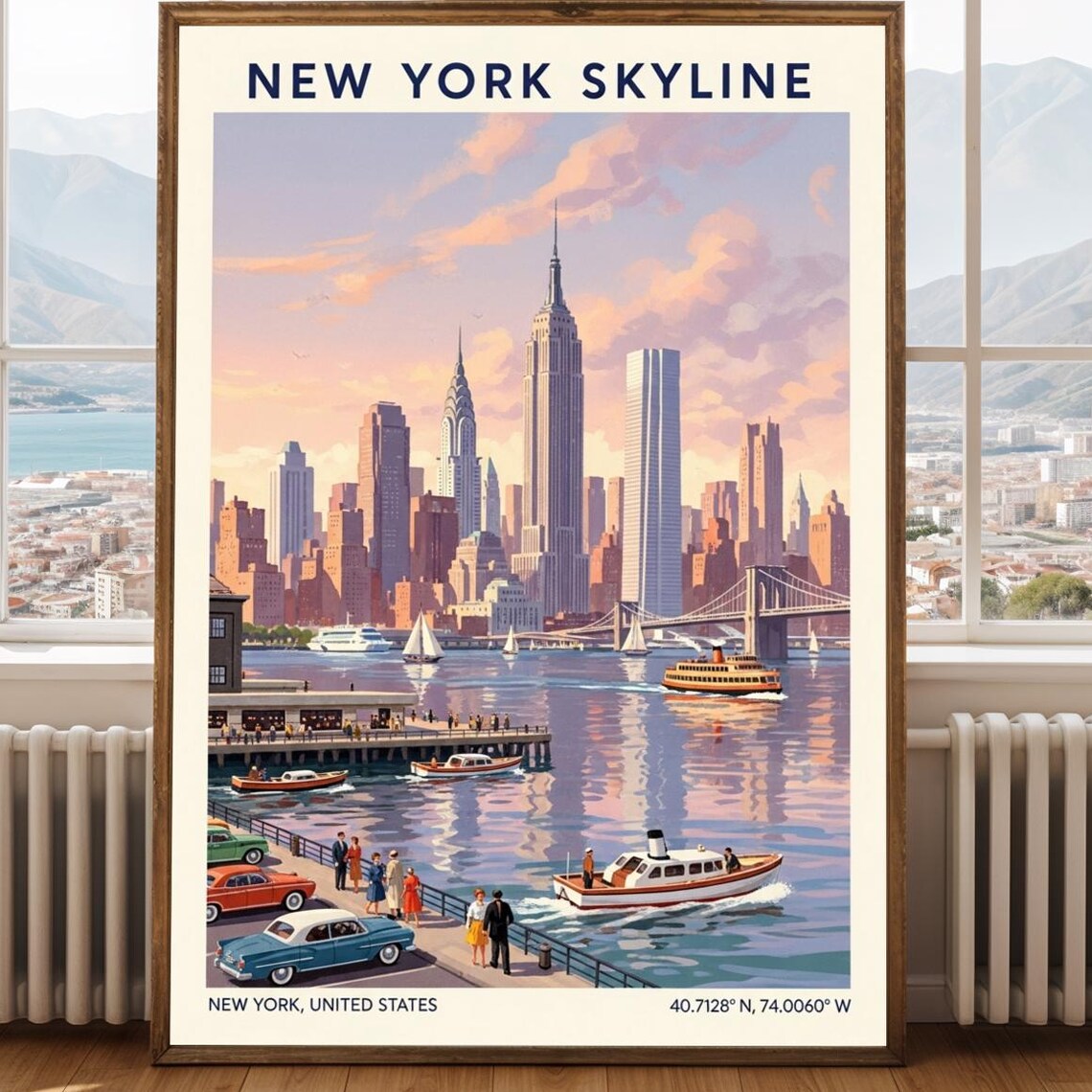New York City Skyline Vintage Poster Manhattan Ferry Brooklyn Bridge
