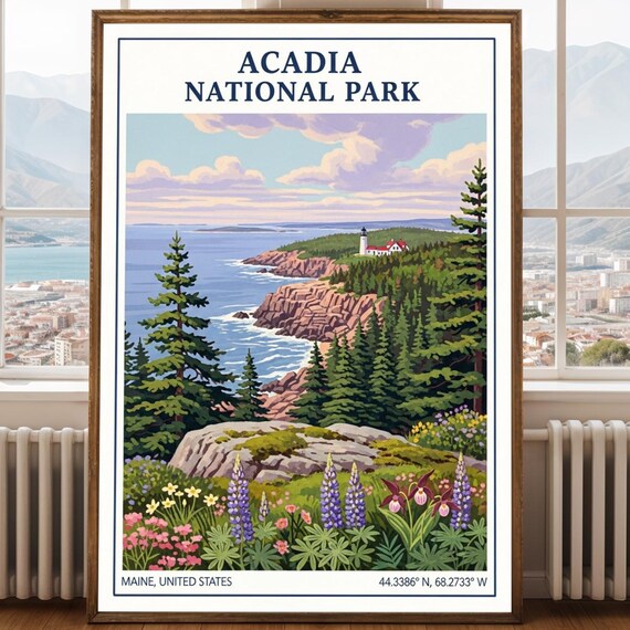 Acadia National Park Maine Lighthouse Rocky Coast Lupine Travel Poster