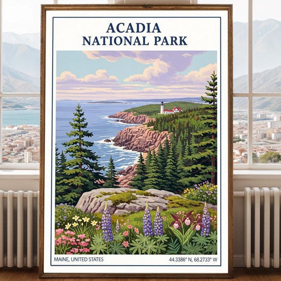 Acadia National Park Poster Green And Blue Coastal Art Landscape Illustration Nature Wall For Enthusiasts
