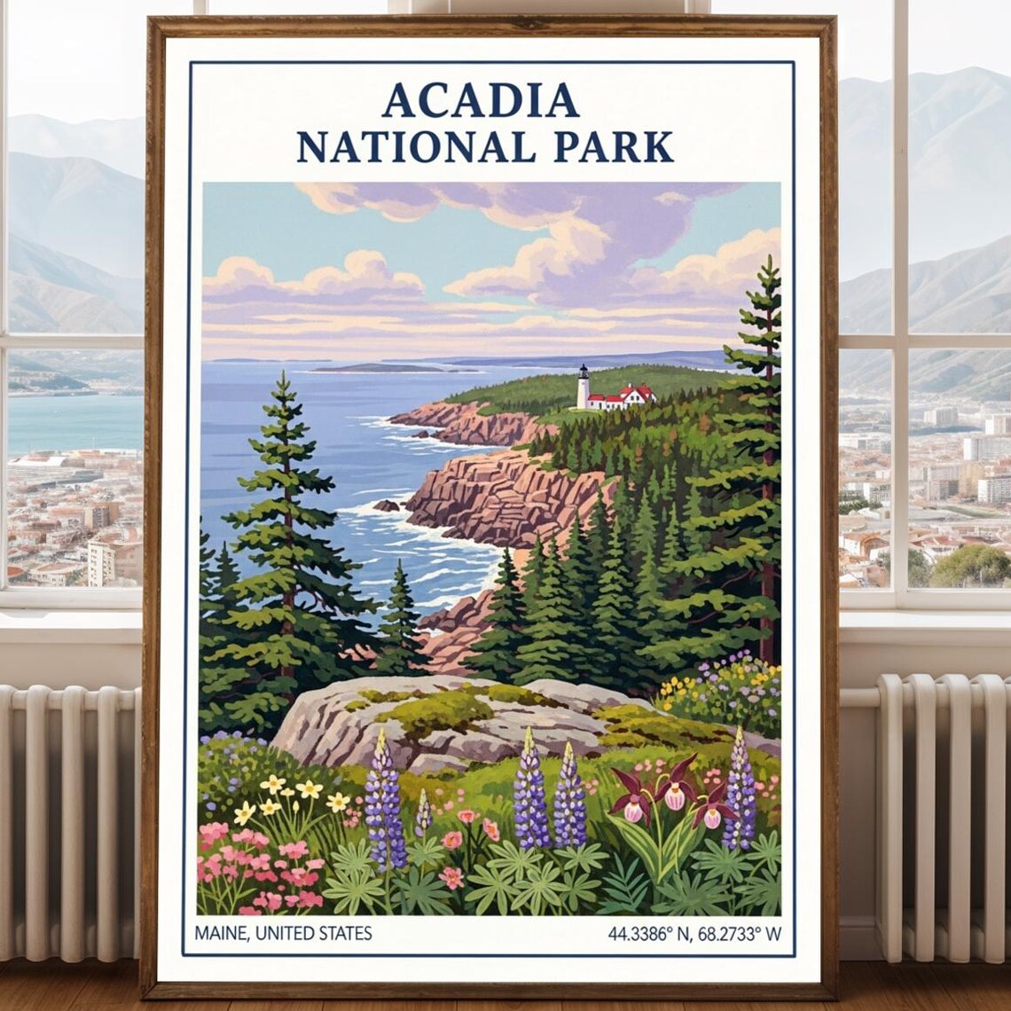 Acadia National Park Maine Lighthouse Rocky Coast Lupine Travel Poster