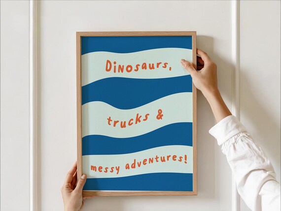 Dinosaurs Trucks Messy Adventures Blue Wavy Kids Room Poster