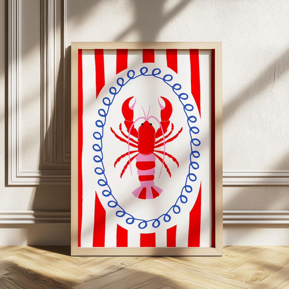 Red Lobster Retro Red Stripe Coastal Seafood Kitchen Art Poster