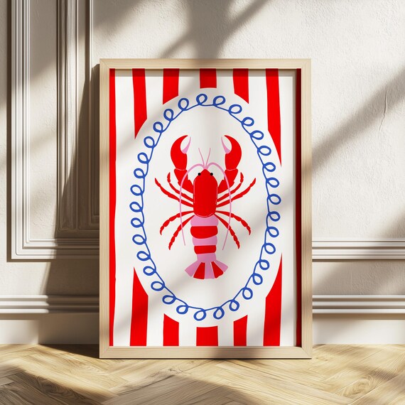 Red Lobster Print Retro Stripe Poster Seafood Coastal Wall Art Dining Room Decor Kitchen