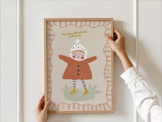 Tiny Boots Big Splashes Art Print For Girls Whimsical Rainy Day Kids Wall Joyful Nursery Decor Playroom