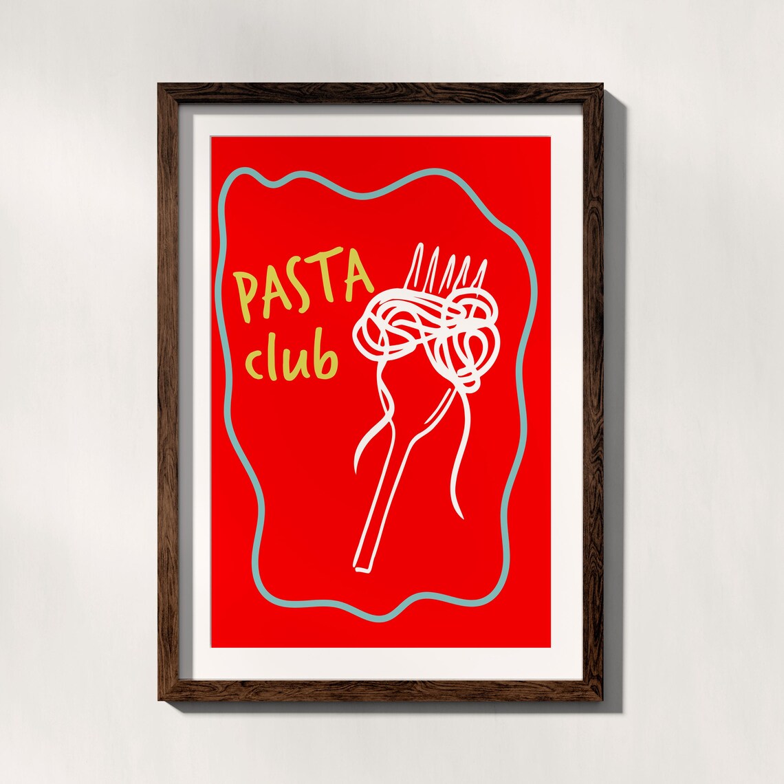 Pasta Club Bold Red Spaghetti Fork Fun Food Typography Art Poster
