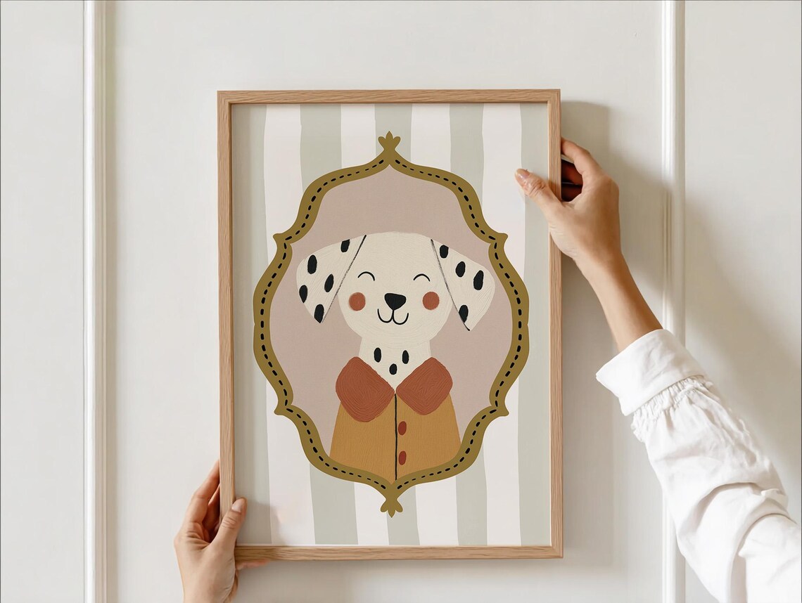 Happy Dalmatian Puppy Whimsical Nursery Animal Portrait Poster