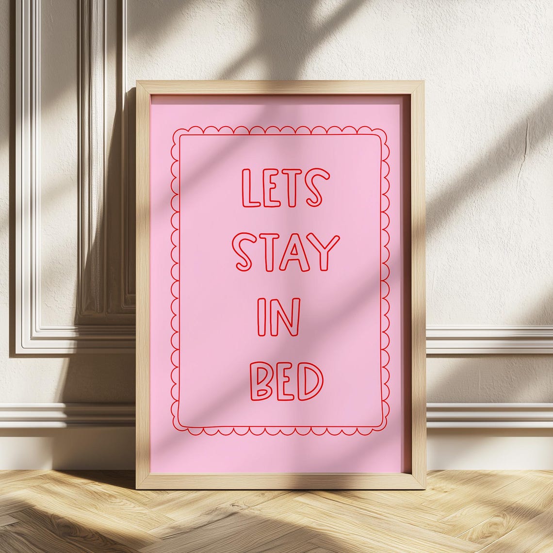 Lets Stay In Bed Pink Coquette Scalloped Retro Quote Wall Art