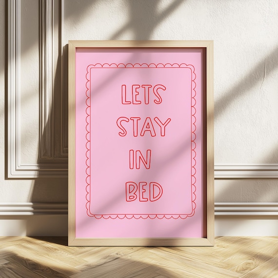 Lets Stay In Bed Pink Coquette Scalloped Retro Quote Wall Art