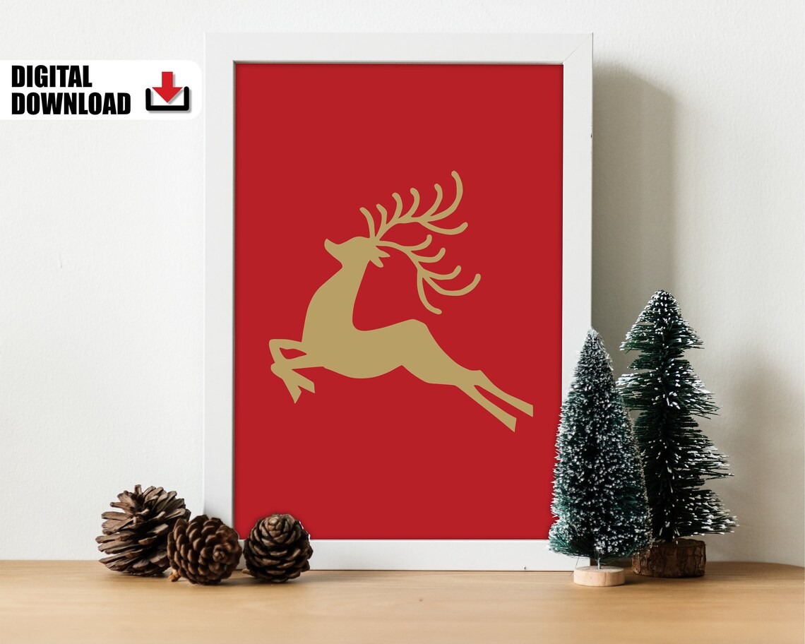 Gold Reindeer Silhouette Red Christmas Modern Holiday Deer Poster - Image 2