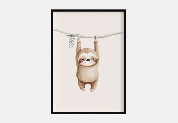 Baby Sloth Hanging From Branch Watercolor Nursery Kids Poster