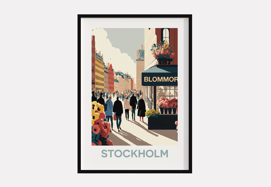 Stockholm Flower Market Vintage Street Scene Sweden Travel Poster