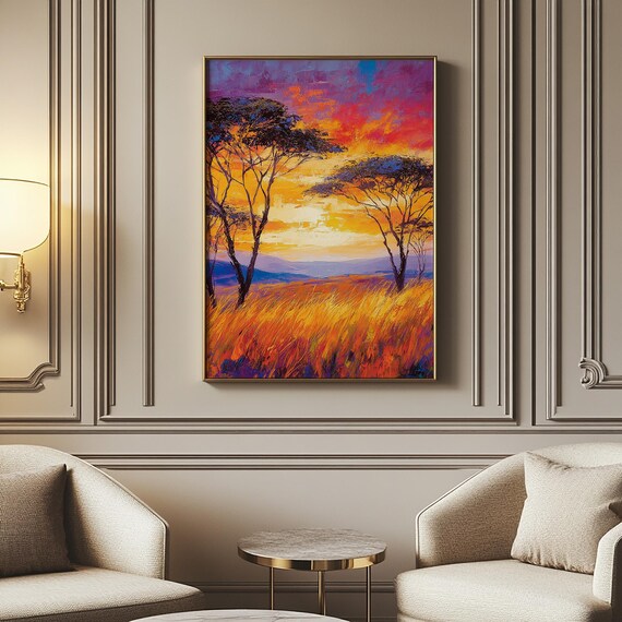 African Savanna Sunset Art Poster Acacia Trees Golden Grassland
