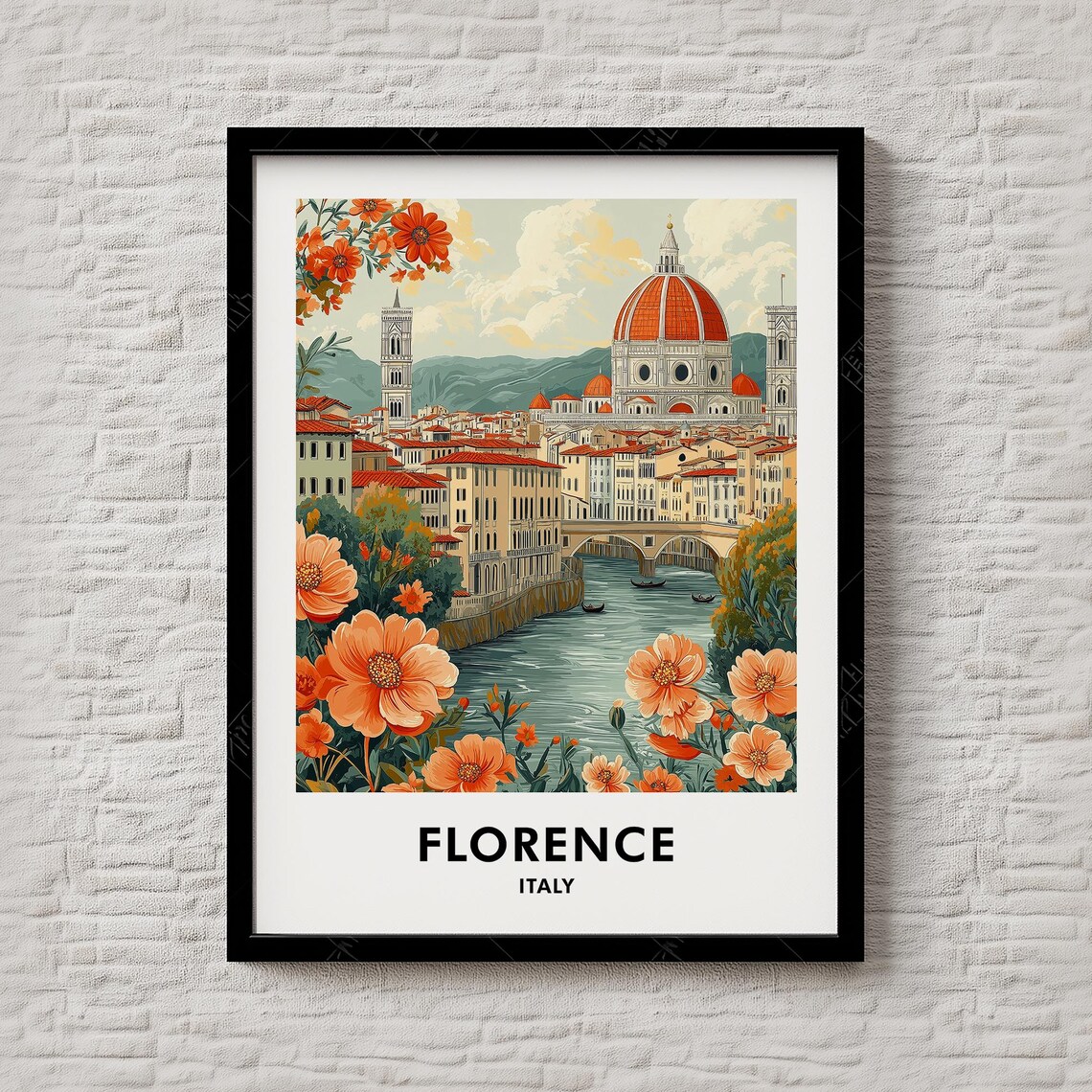 Florence Italy Duomo Arno River Autumn Floral City Travel Poster