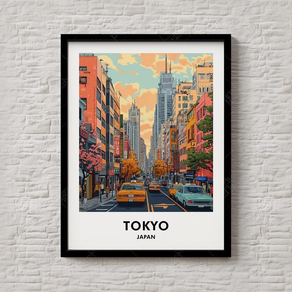 Tokyo Japan Travel Poster Retro City Street Taxis Cherry Blossom Art