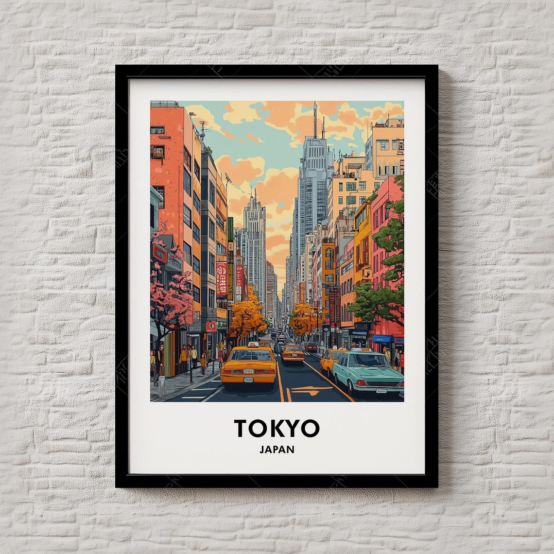 Tokyo Japan Travel Poster Retro City Street Taxis Cherry Blossom Art
