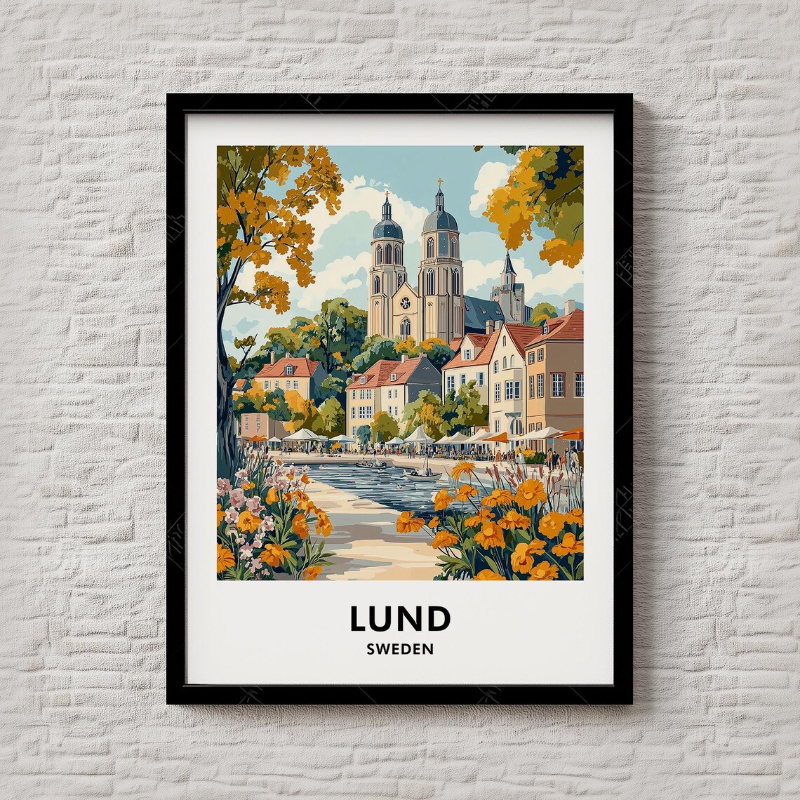 Lund Sweden Cathedral Riverside Autumn Flowers Travel Poster