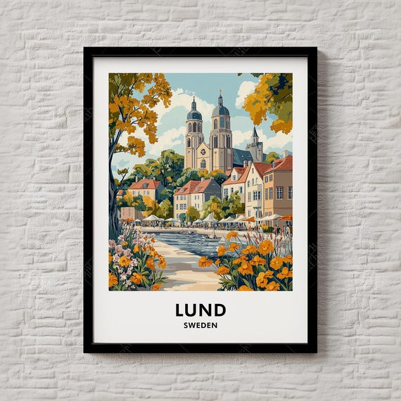 Lund Travel Print Retro City Illustration With Nordic Character Unique Sweden Decor Piece Instant Artwork 118