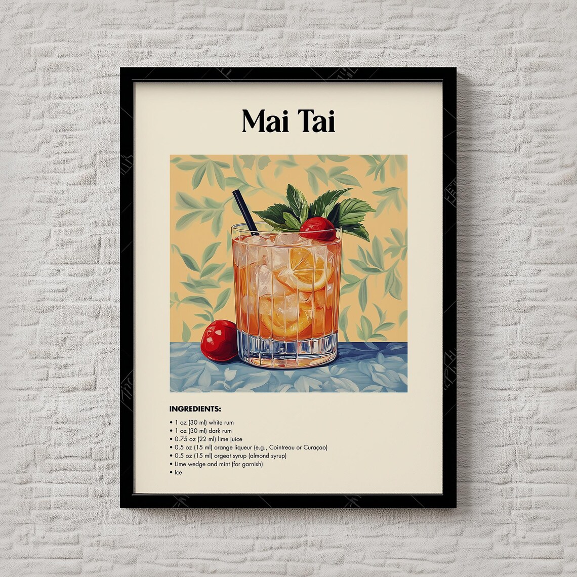 Mai Tai Tropical Rum Lime Tiki Cocktail Recipe Illustration Poster