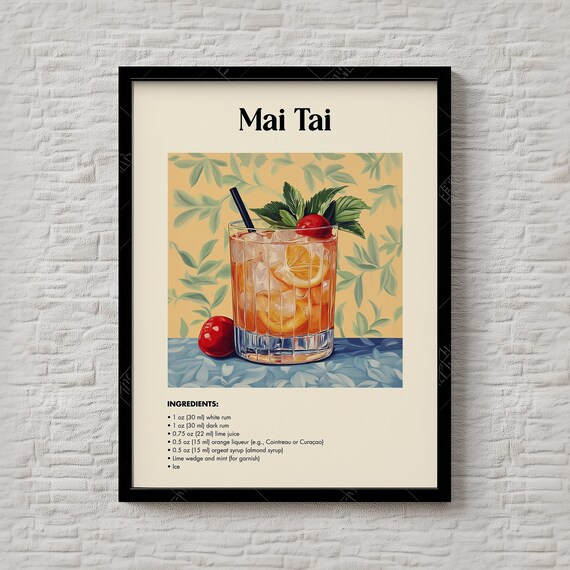 Mai Tai Tropical Rum Lime Tiki Cocktail Recipe Illustration Poster