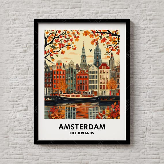 Amsterdam Netherlands Autumn Canal Fall Cityscape Travel Poster
