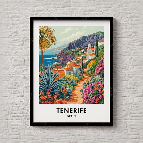 Tenerife Travel Print City Illustration Of Mount Teide And Coastal Scenes For Study Or Lounge Art 173