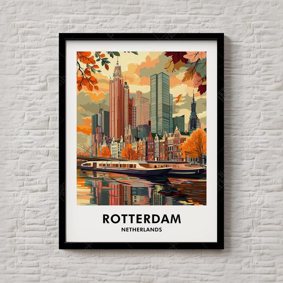 Rotterdam Netherlands Harbor Skyline Boat Autumn Decor Poster