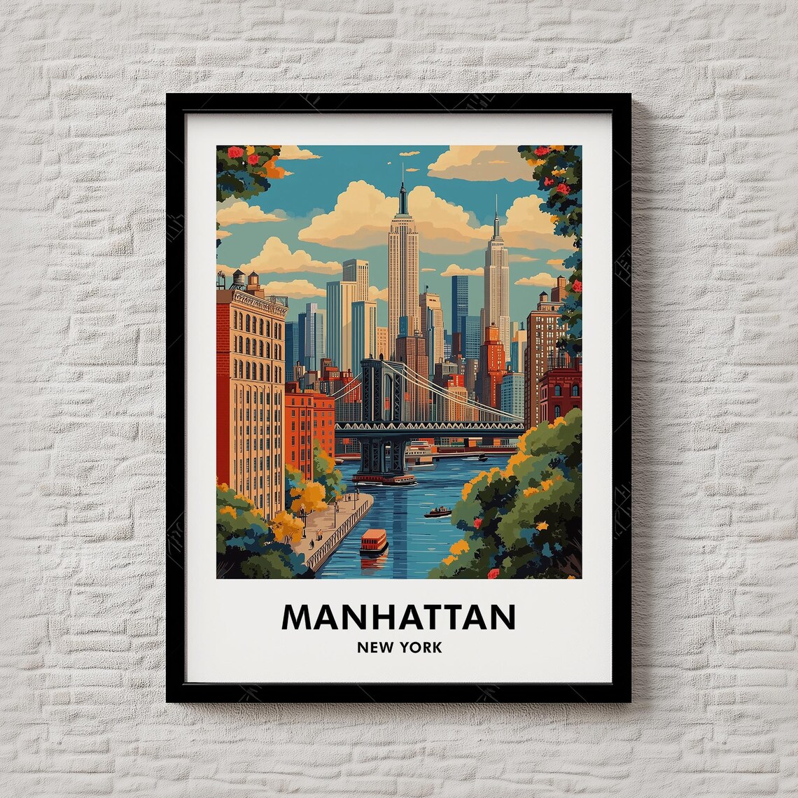 Manhattan New York City Skyline Bridge Vintage Style Travel Poster