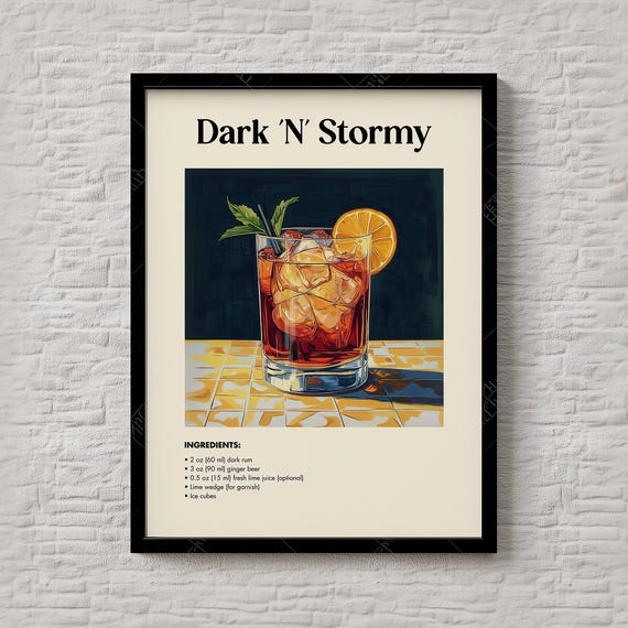 Dark N Stormy Cocktail Print Retro Rum Ginger Poster Moody Bar Wall Art Nautical Home Decor Instant 011