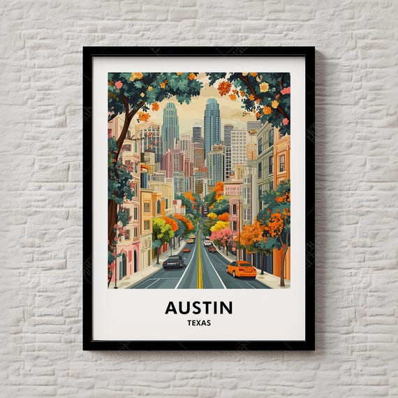 Austin Travel Print Texas City Skyline Illustration For Office Or Living Room Urban Wall Art Poster 059