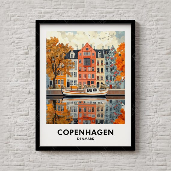 Copenhagen Denmark Nyhavn Autumn Canal Harbor City Travel Poster