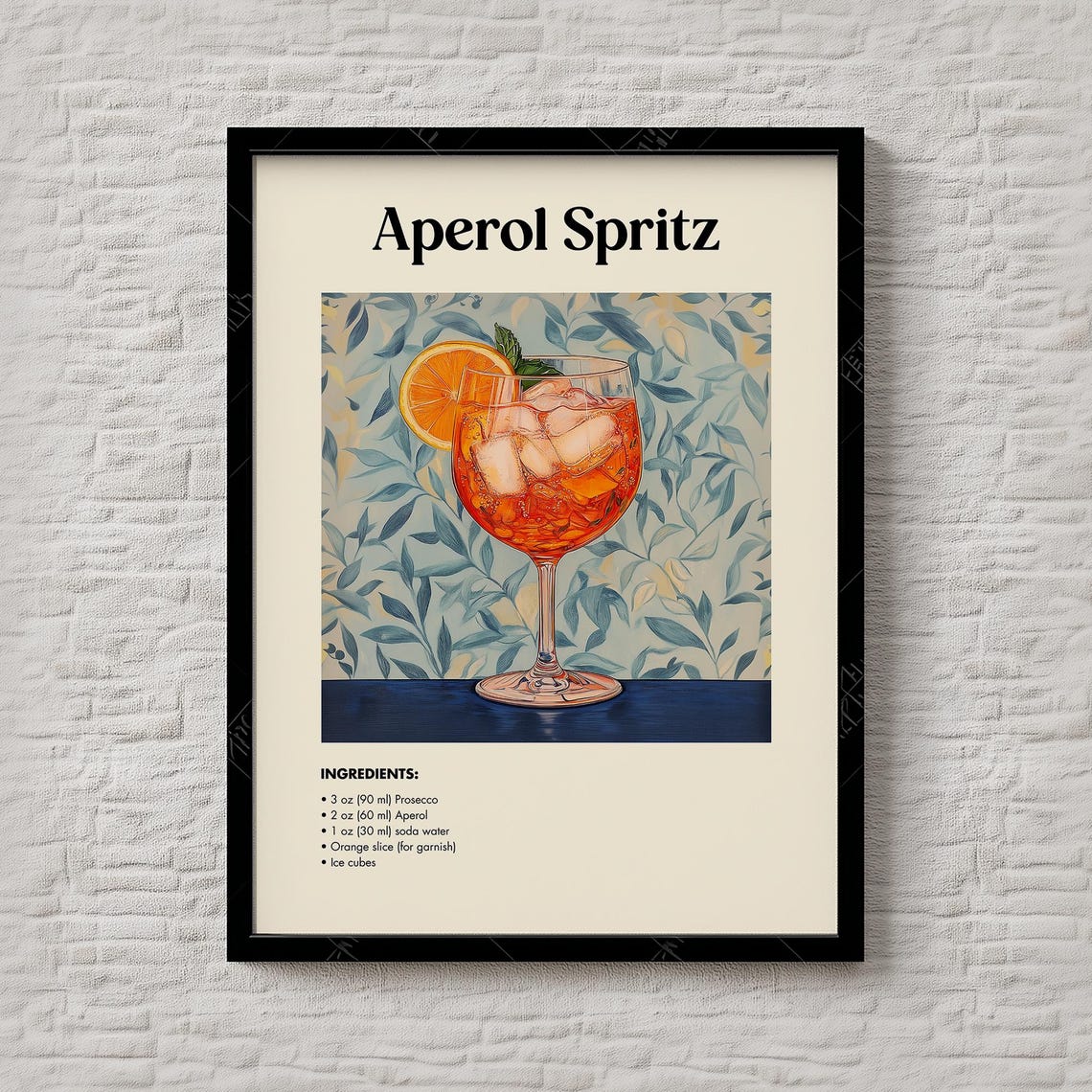 Aperol Spritz Cocktail Recipe Print Retro Blue Floral Bar Drink Decor