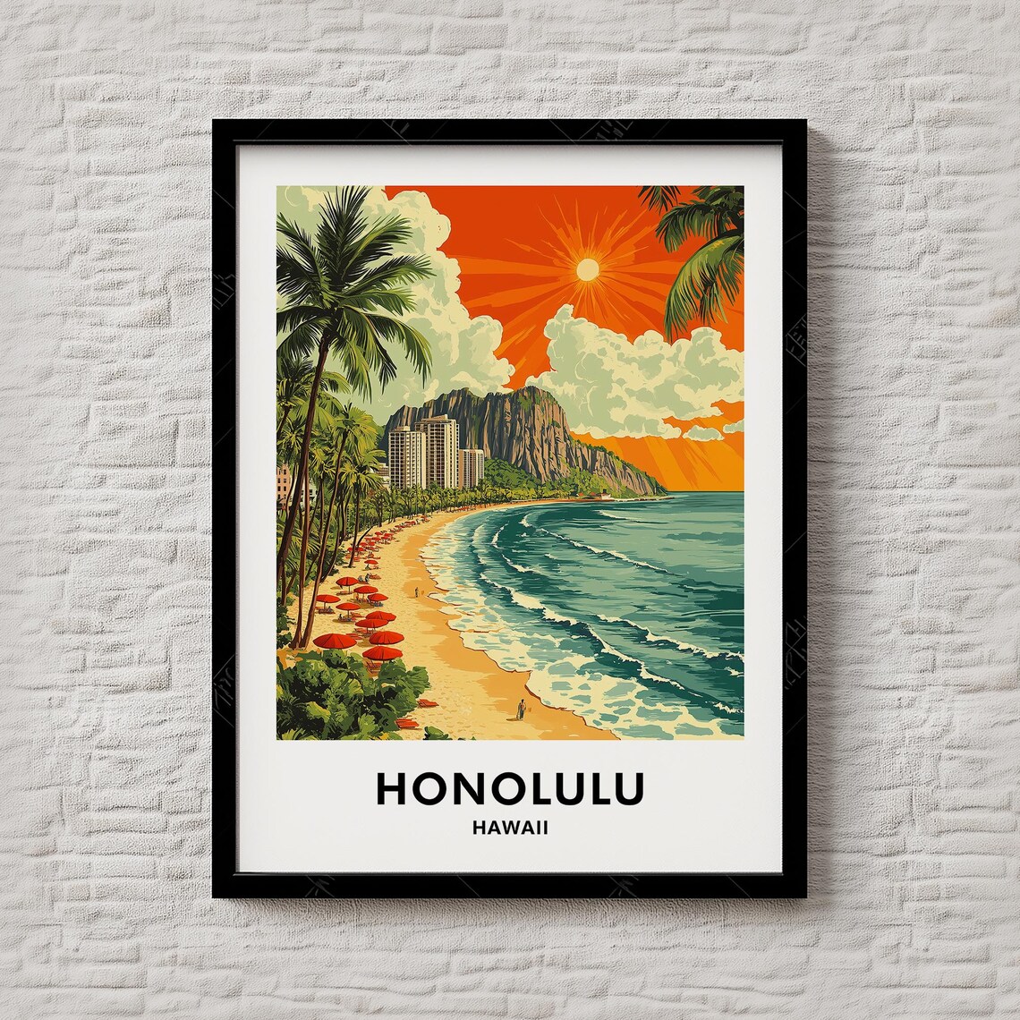 Honolulu Hawaii Waikiki Beach Diamond Head Sunset Travel Poster