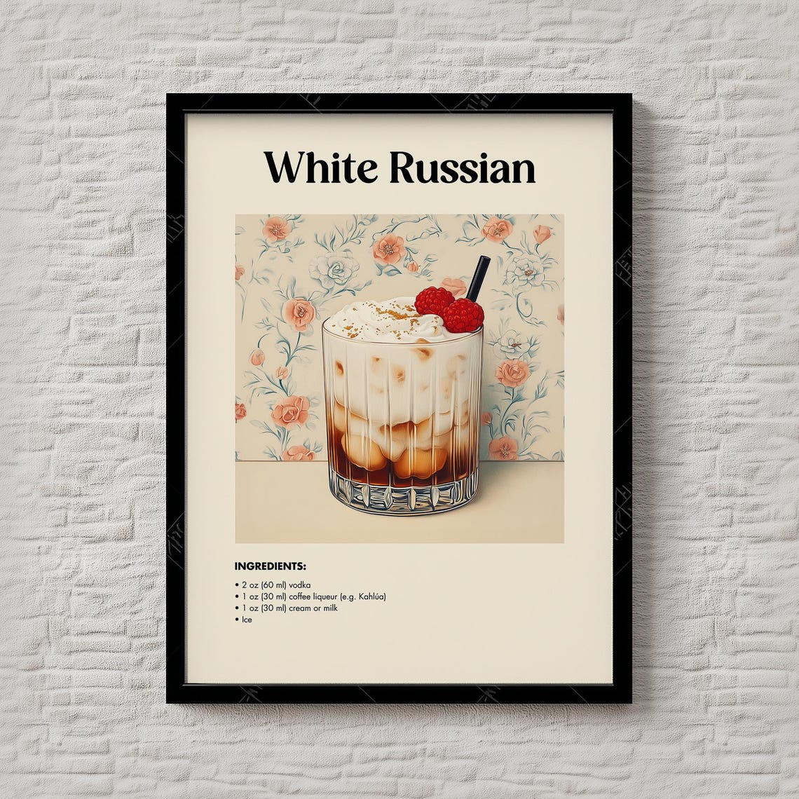 White Russian Cocktail Recipe Creamy Coffee Drink Bar Poster