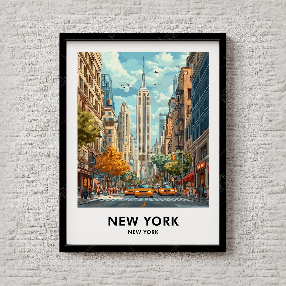 New York City Empire State Building Fall Taxis Vintage Travel Poster