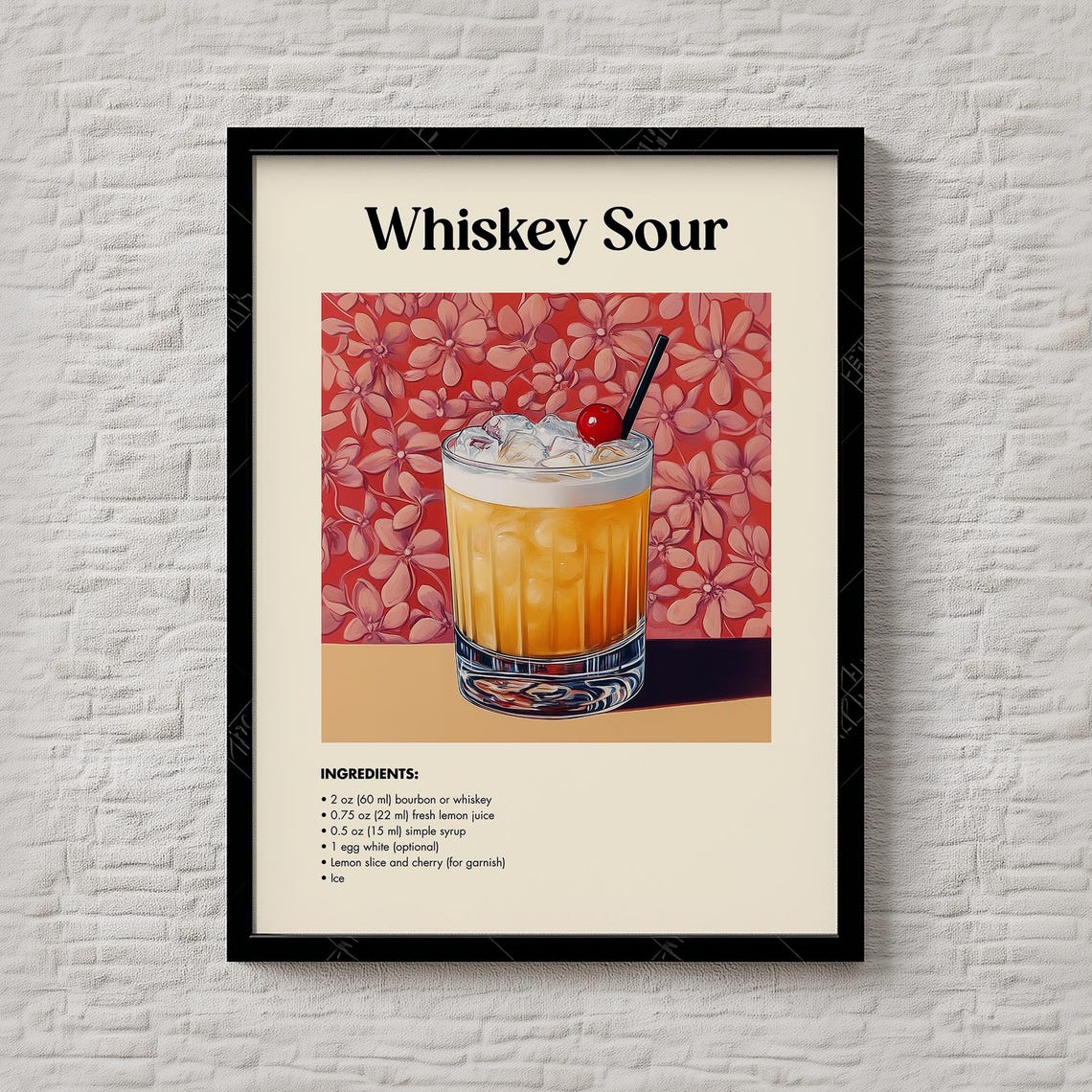 Whiskey Sour Cocktail Recipe Bourbon Lemon Cherry Bar Poster
