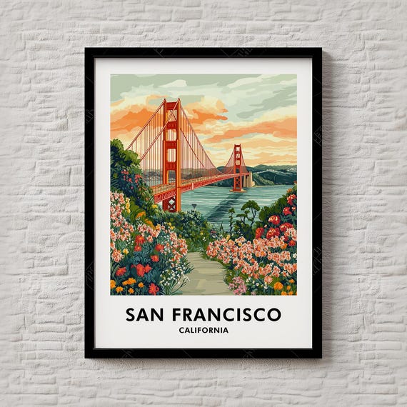 San Francisco California Travel Poster Golden Gate Bridge Floral View