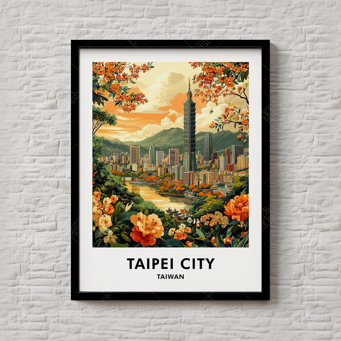 Taipei City Taiwan Taipei 101 Golden Sunset Skyline Floral Poster