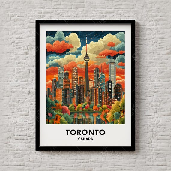 Toronto Canada CN Tower Autumn Skyline Reflection Travel Poster