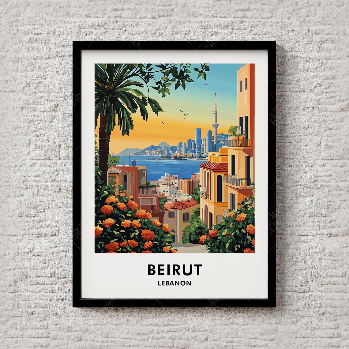 Beirut Lebanon Skyline Sunset Vintage Travel Poster Cityscape Art
