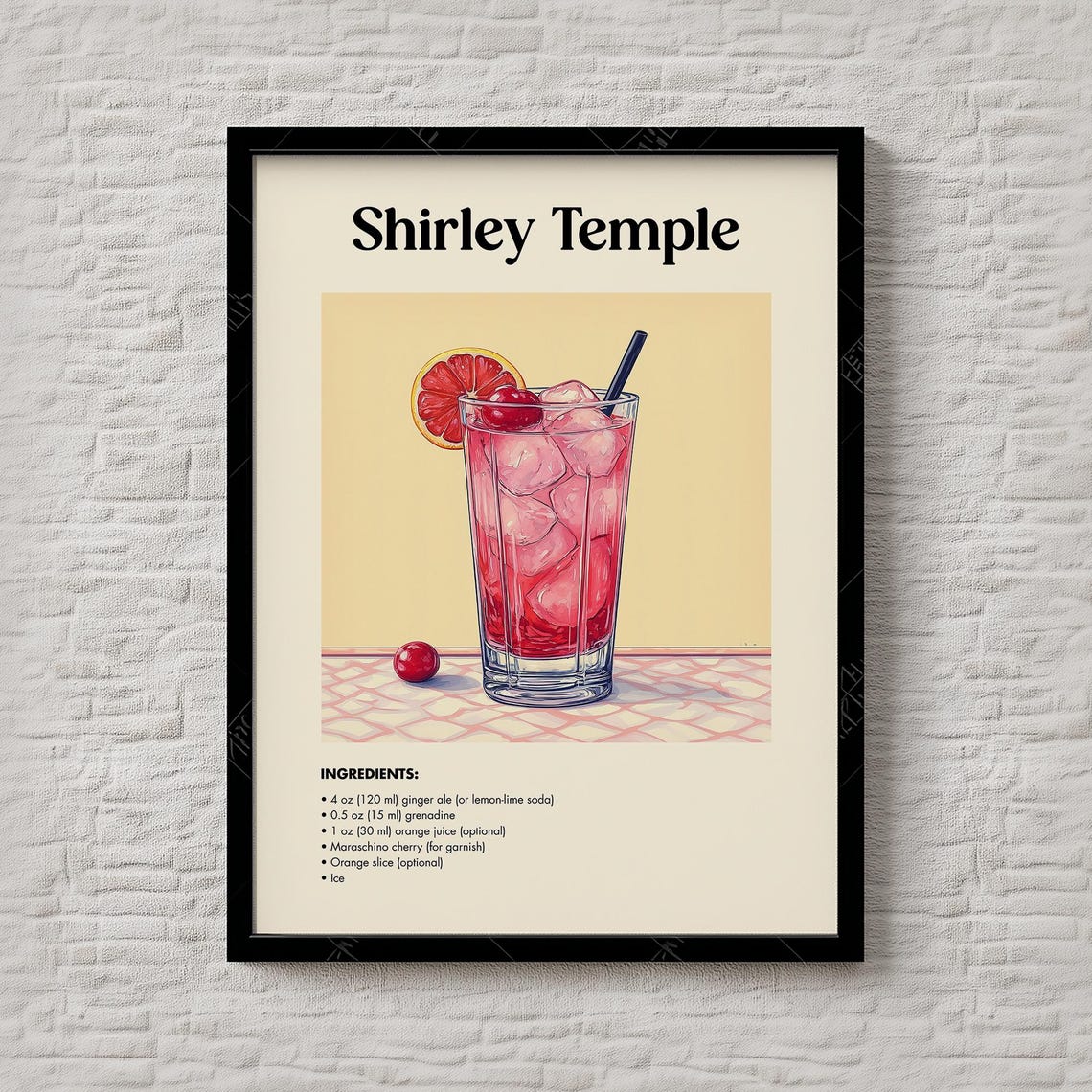 Shirley Temple Mocktail Recipe Cherry Drink Kitchen Bar Poster