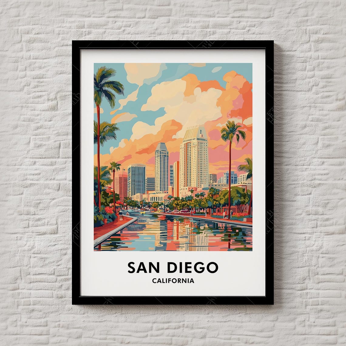 San Diego California Travel Poster Sunset Skyline Palm Tree Harbor View