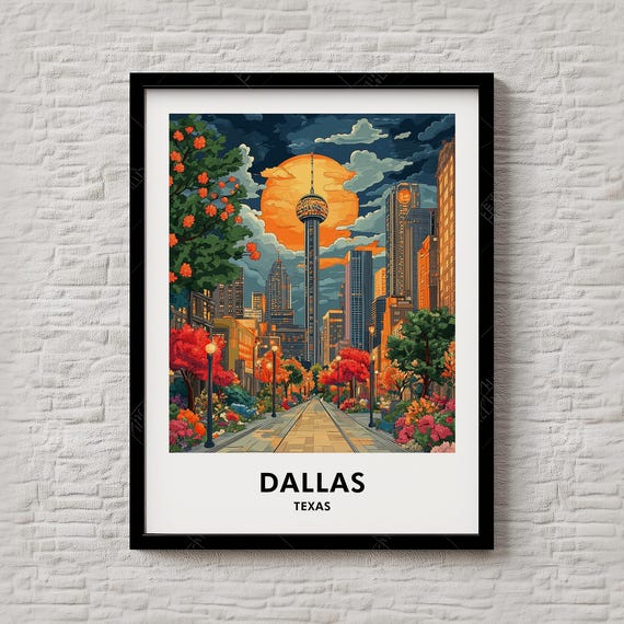 Dallas Texas Reunion Tower Sunset Skyline City Travel Poster