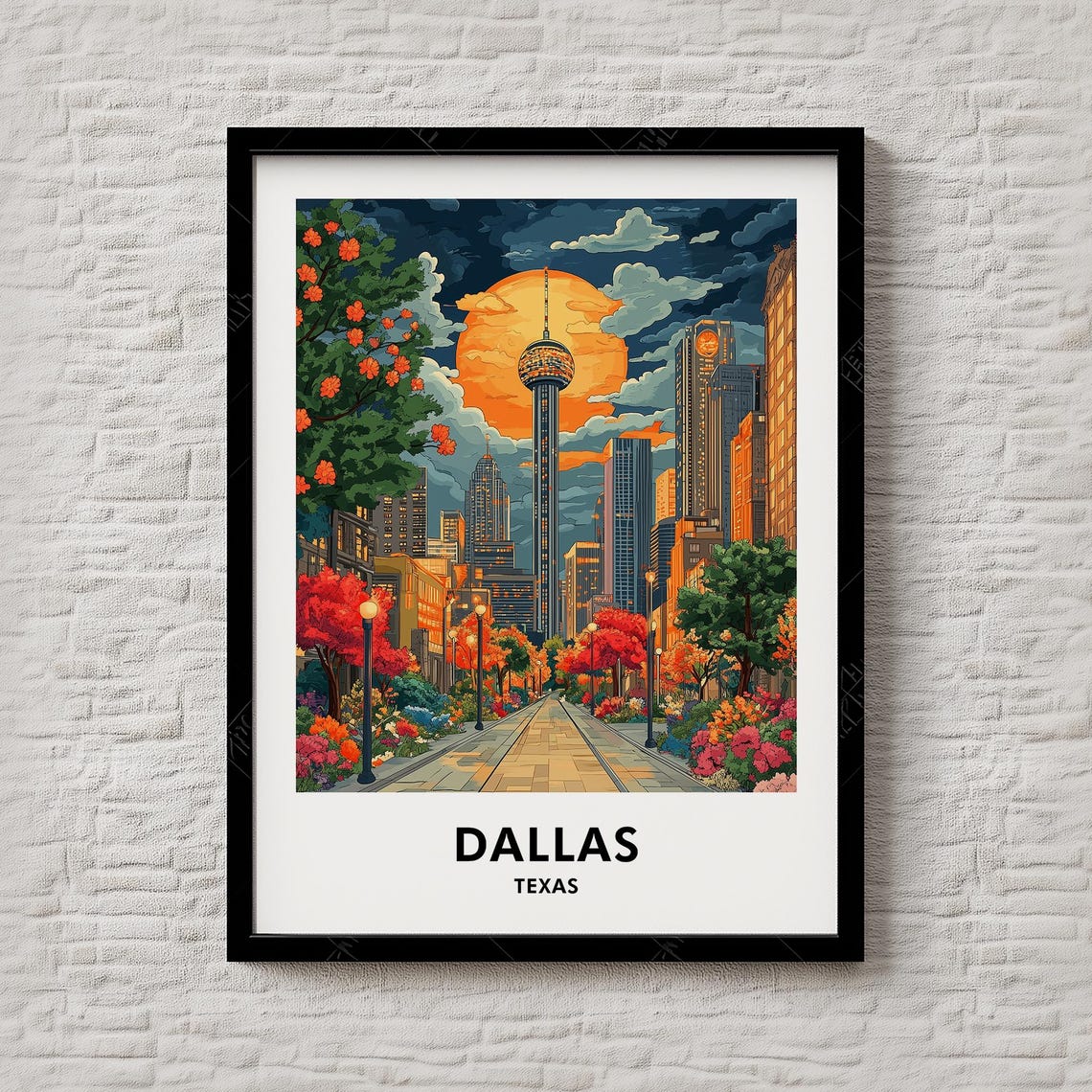 Dallas Texas Reunion Tower Sunset Skyline City Travel Poster