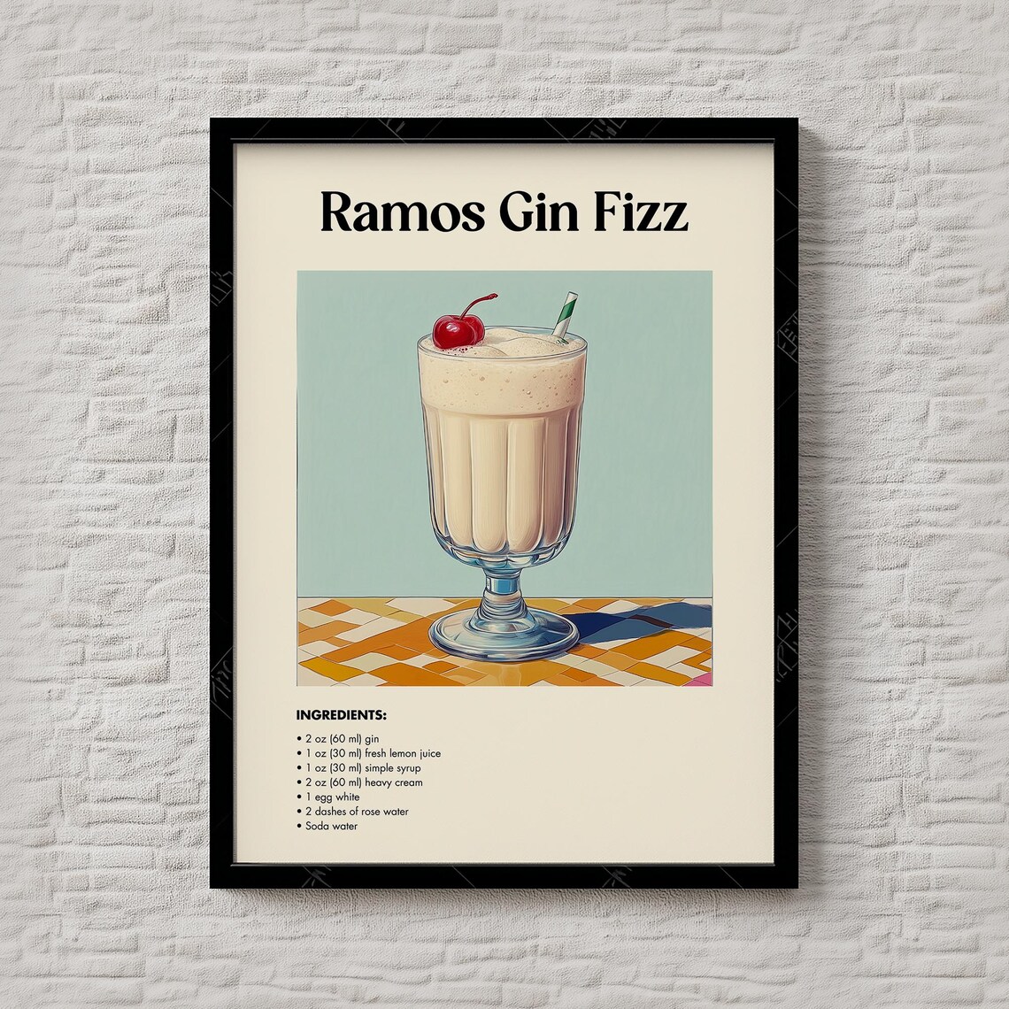 Ramos Gin Fizz Cocktail Recipe Vintage Bar Kitchen Art Poster