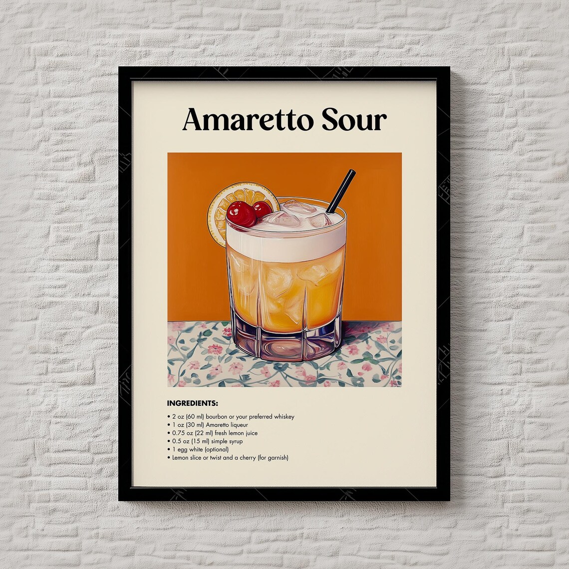 Amaretto Sour Cocktail Recipe Print Retro Orange Bar Drink Wall Decor