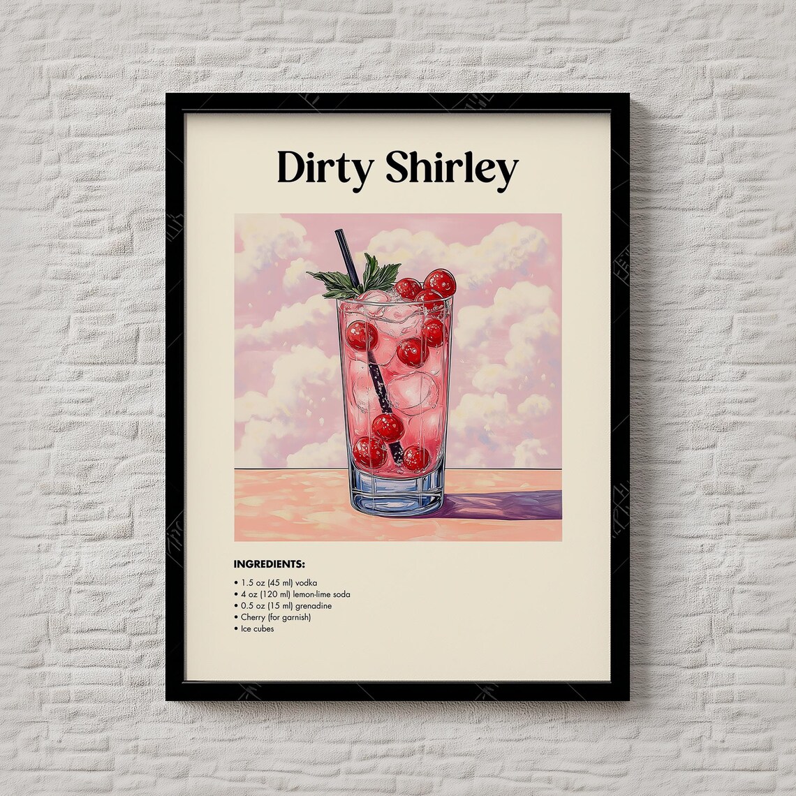 Dirty Shirley Vodka Cherry Cocktail Recipe Illustration Poster