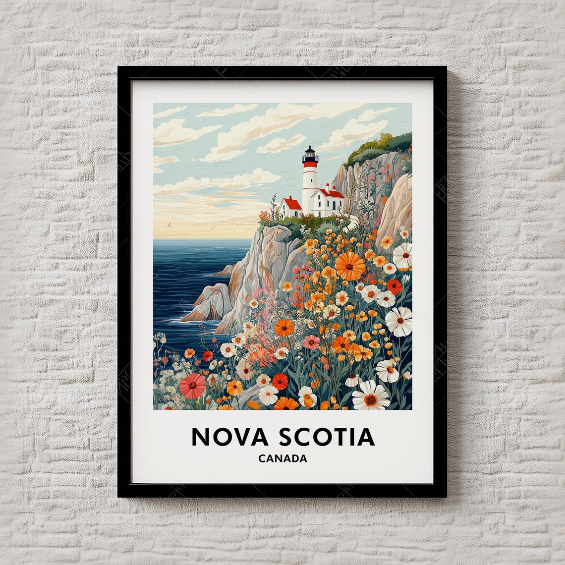 Nova Scotia Canada Lighthouse Wildflower Coastal Travel Poster