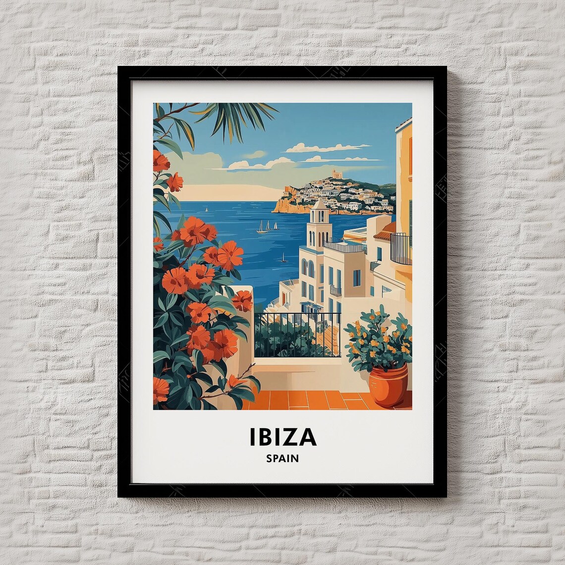 Ibiza Spain Terrace Sea View Red Flowers Island Travel Poster