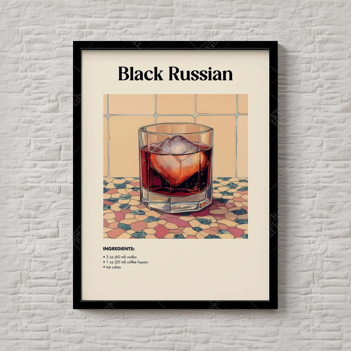 Black Russian Cocktail Recipe Print Retro Vodka Coffee Drink Bar Decor